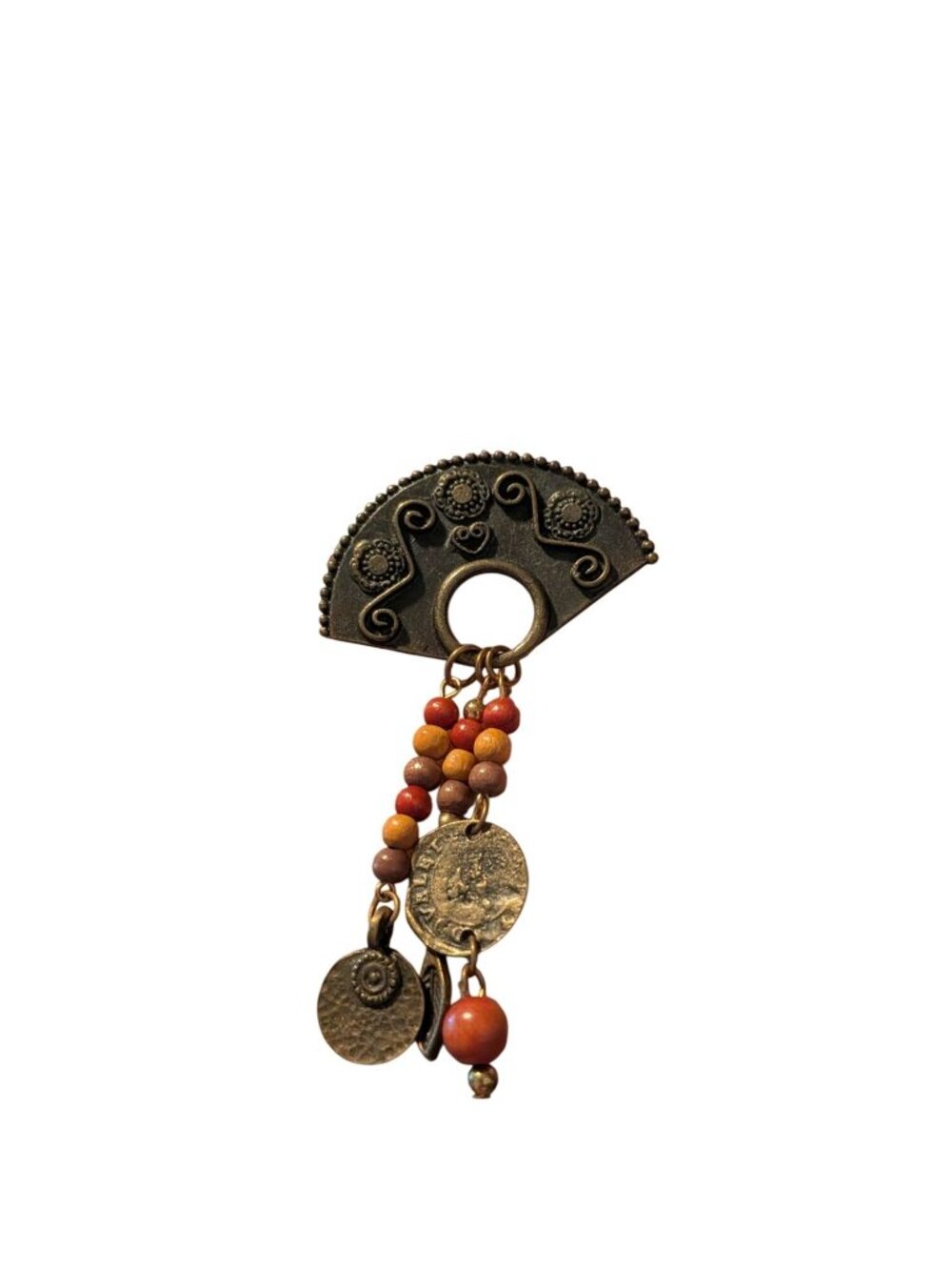 Vintage Brass Fan-Shaped Brooch With Beads & Dangling Coins Boho Chic Style